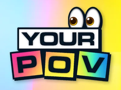 Graphic logo with the text 'YOUR POV' in bold white letters on a black background, surrounded by colorful block letters spelling 'POV' in pink, orange, and green. Above the text, two large cartoon eyes with white sclera and brown irises appear, adding a playful character to the design. 